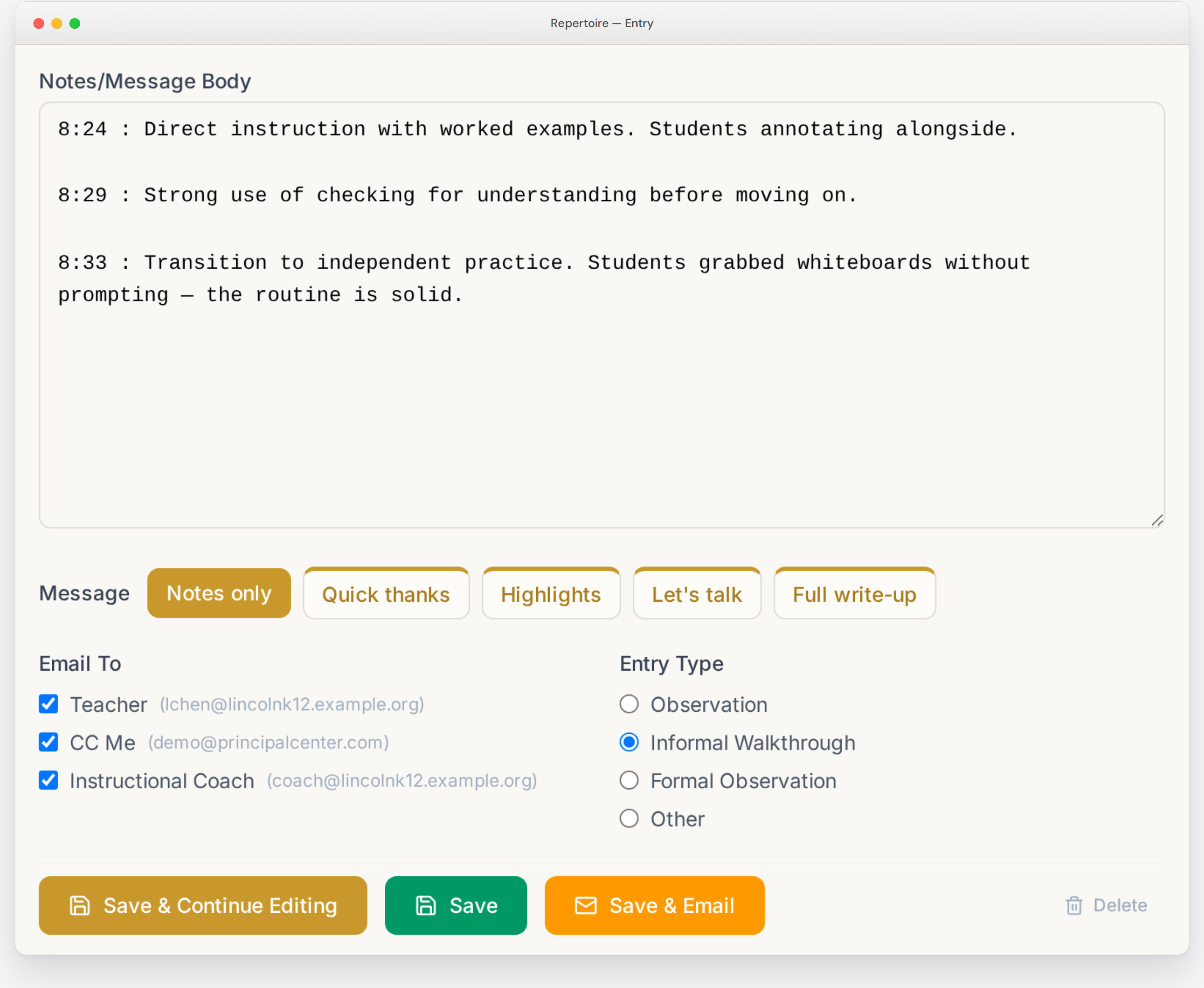 A finished note with Email To options for the teacher, CC Me, and the instructional coach, and the Save and Email button