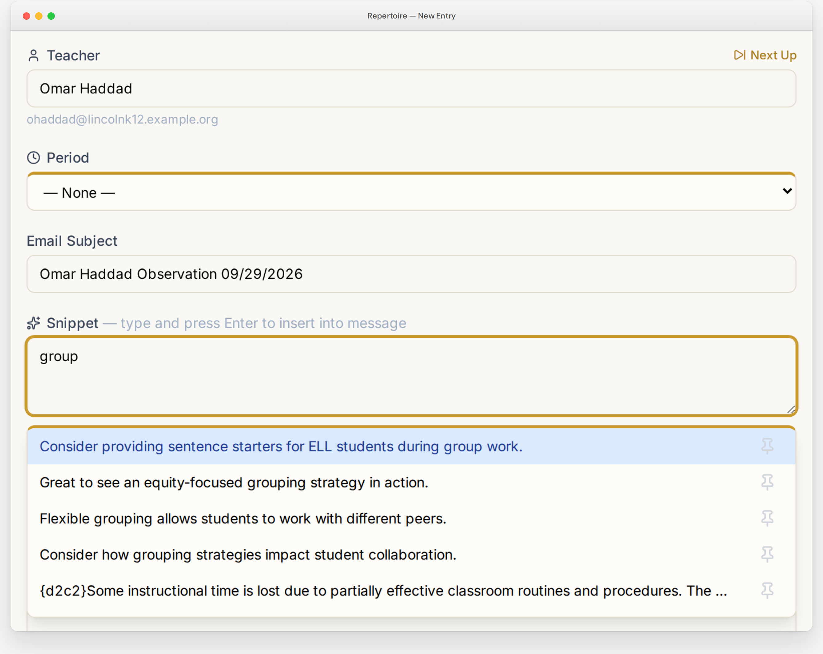 Typing group in the snippet box suggests saved feedback phrases and Danielson Framework language