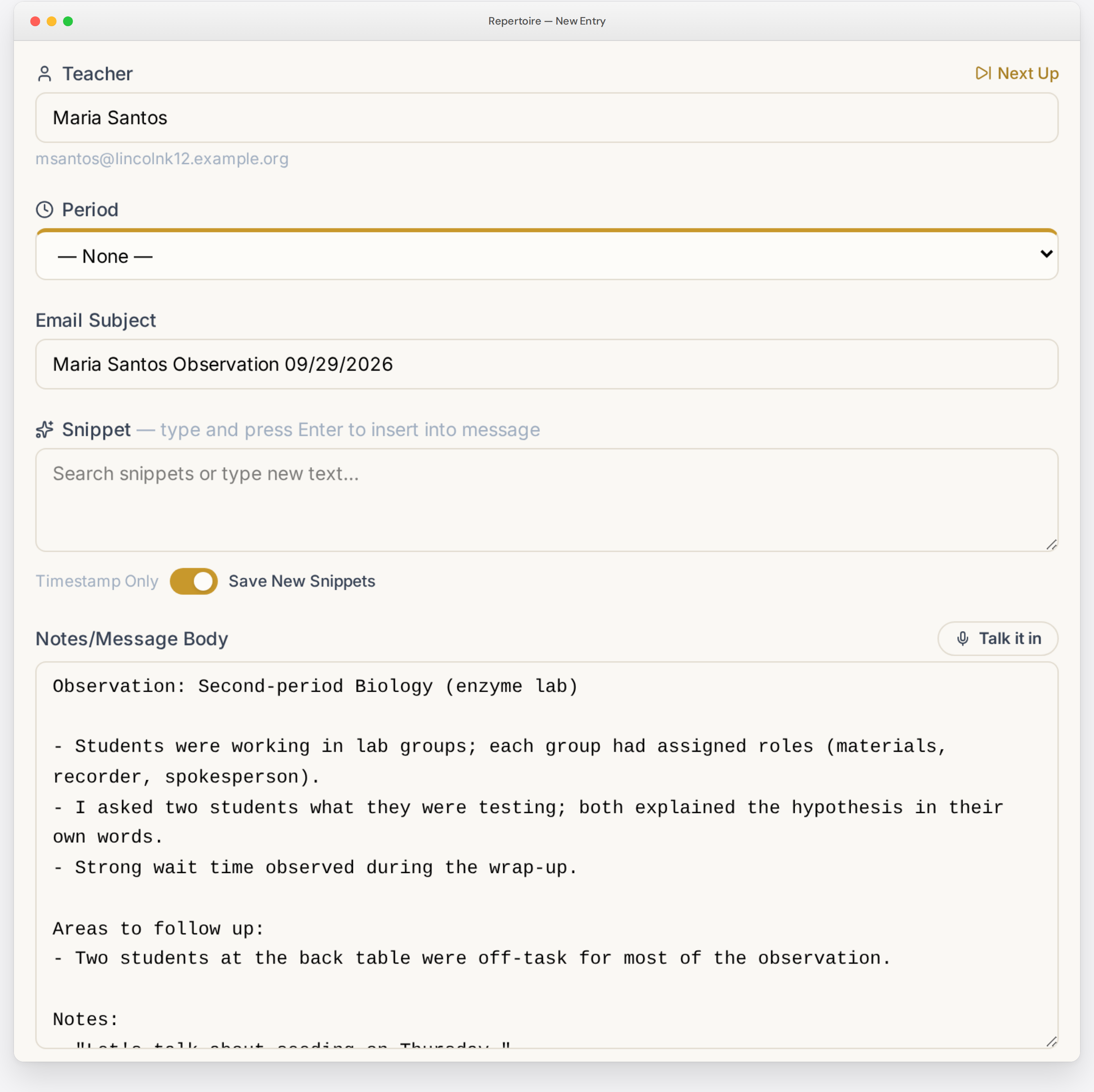 Talk it in: a spoken note turned into entry notes