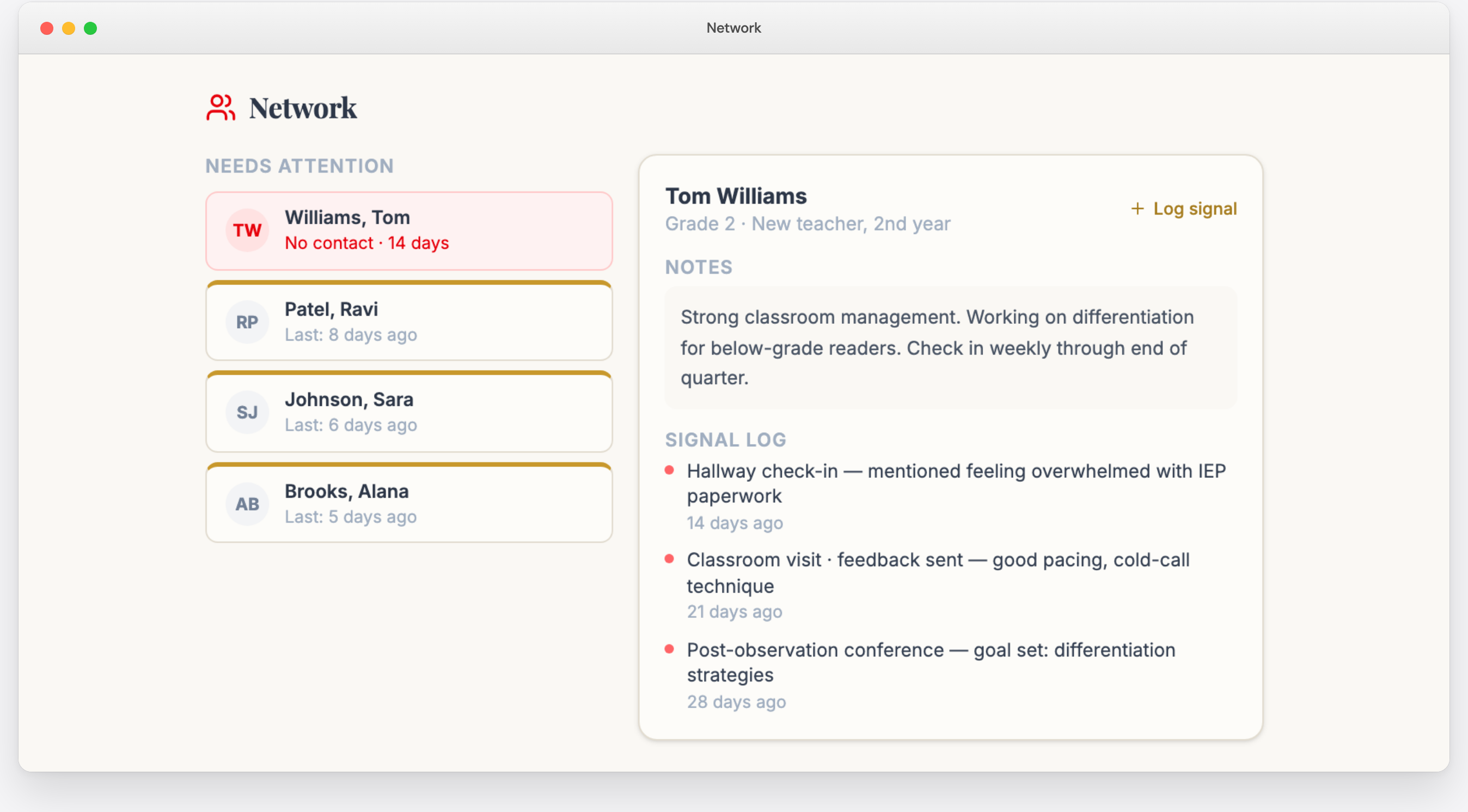 Network — see who needs attention, with each contact's signal log