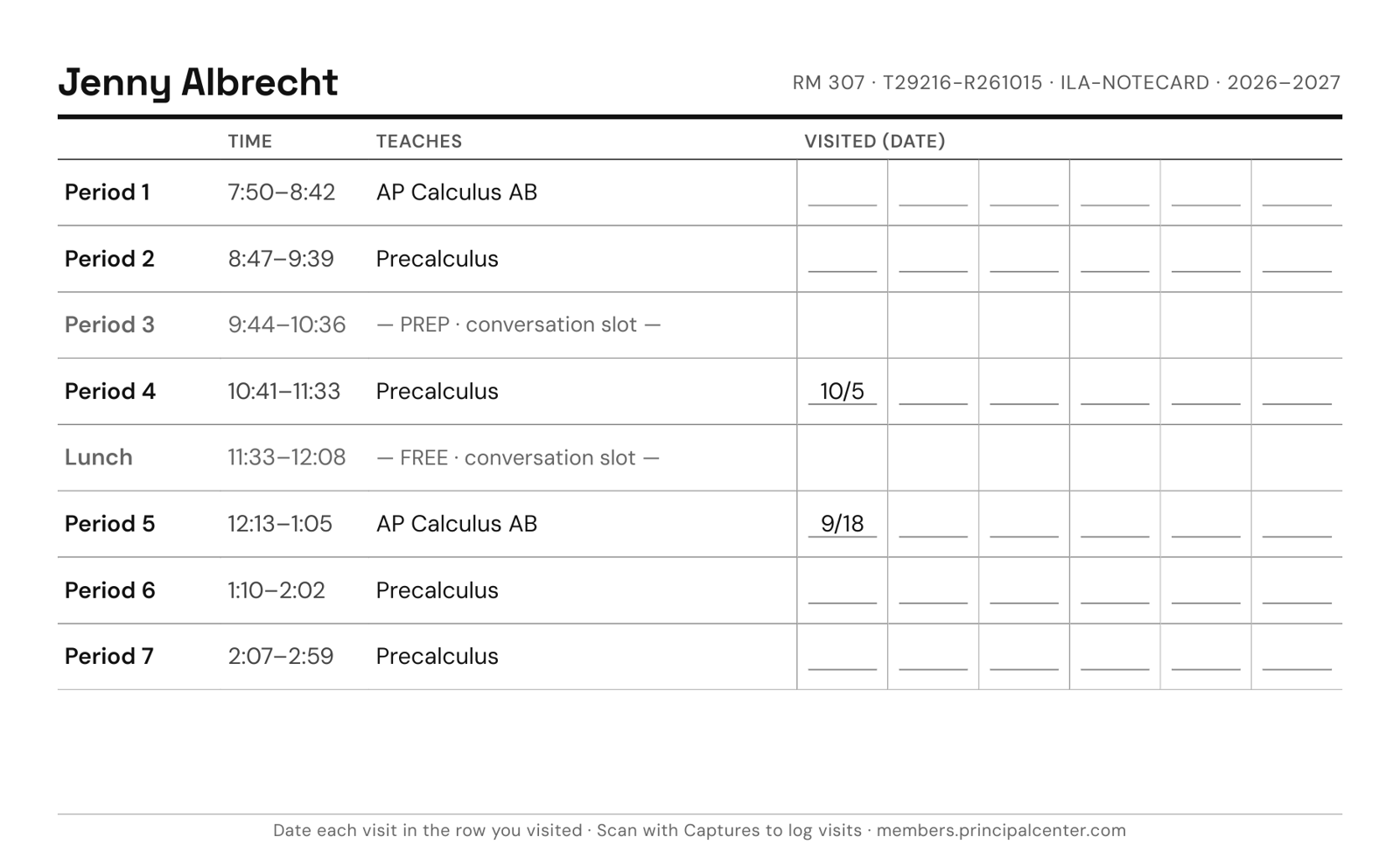 A Visit Notecard with a teacher's schedule, prep periods and visit dates