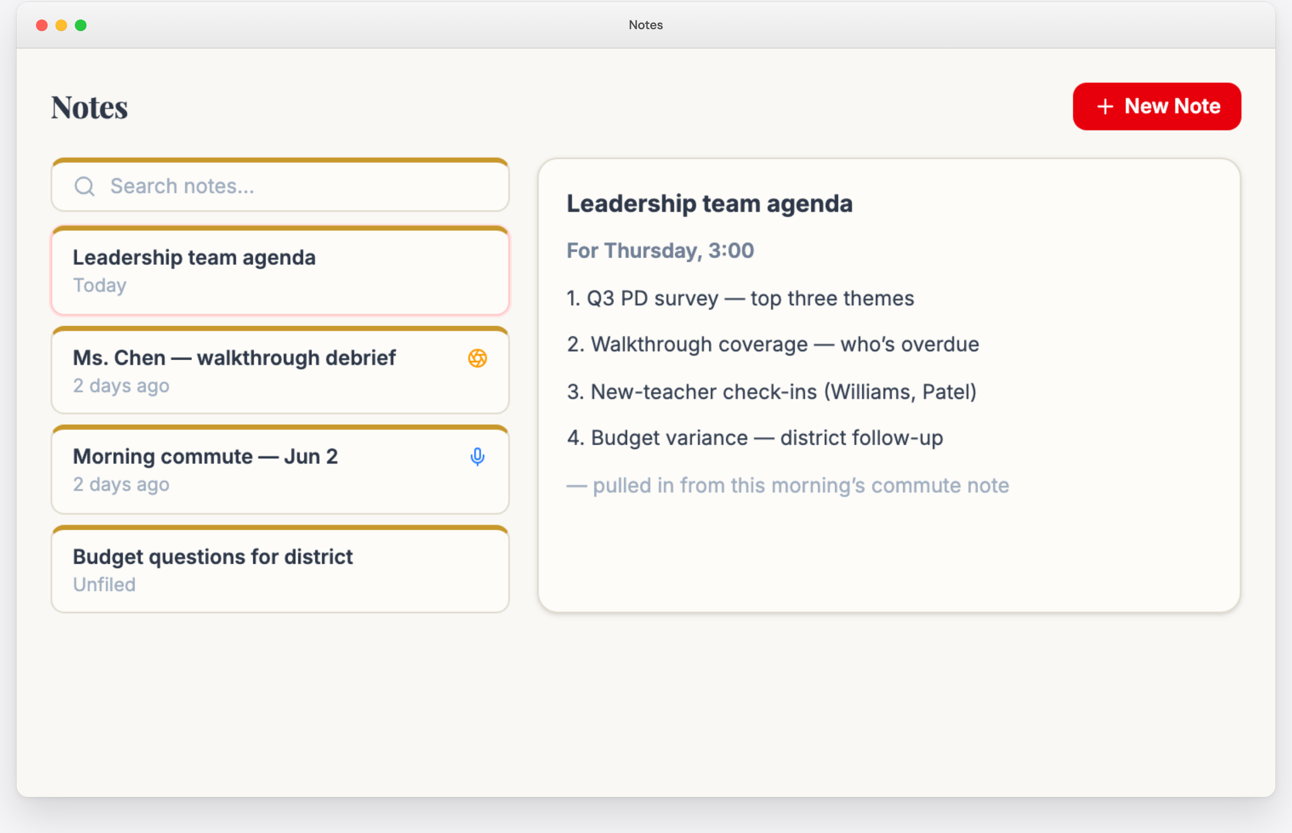 Notes — note list with Capture and Commute sources, plus the editor