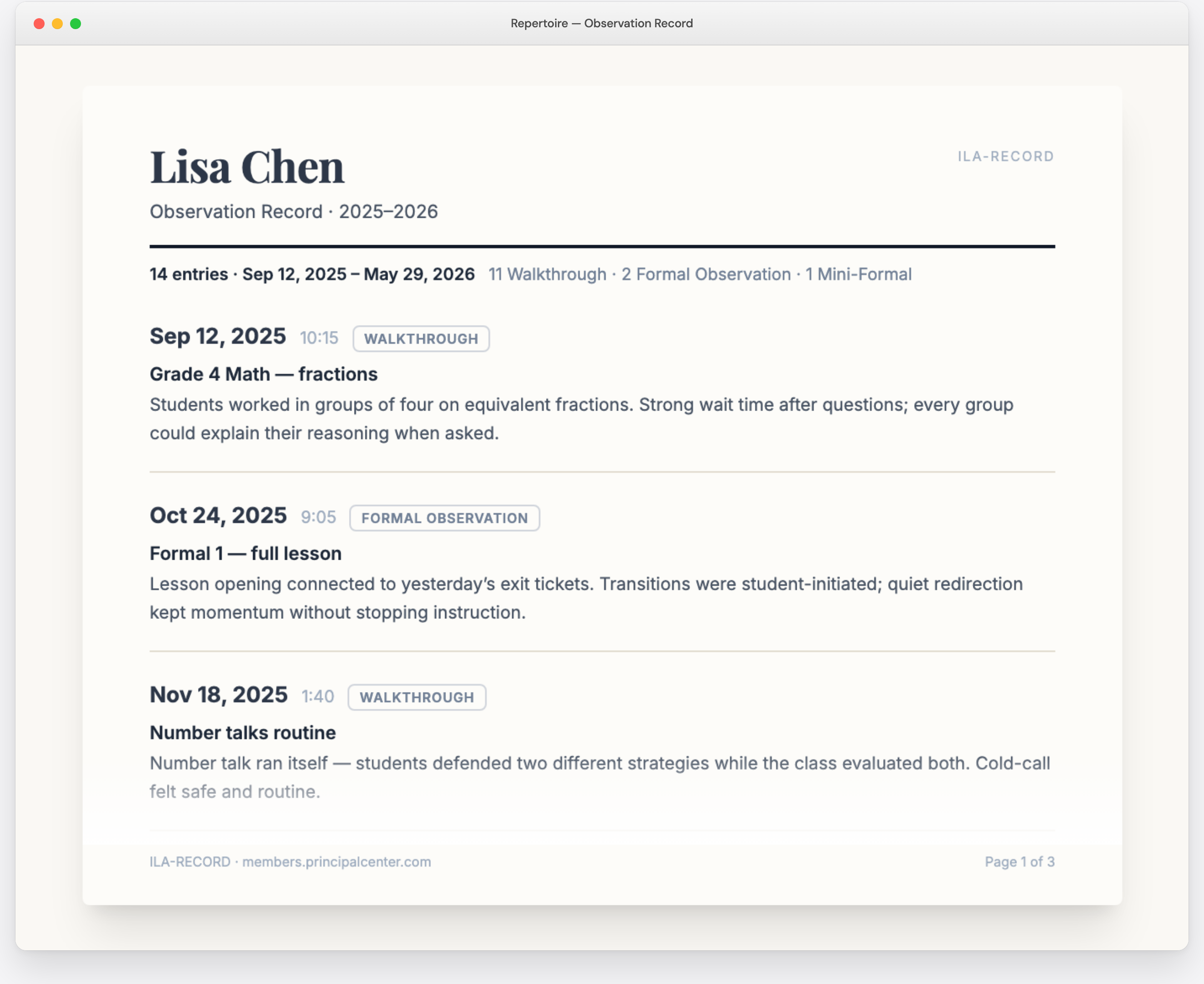 Teacher Observation Record — a printable PDF of every observation for one teacher, chronological with a summary