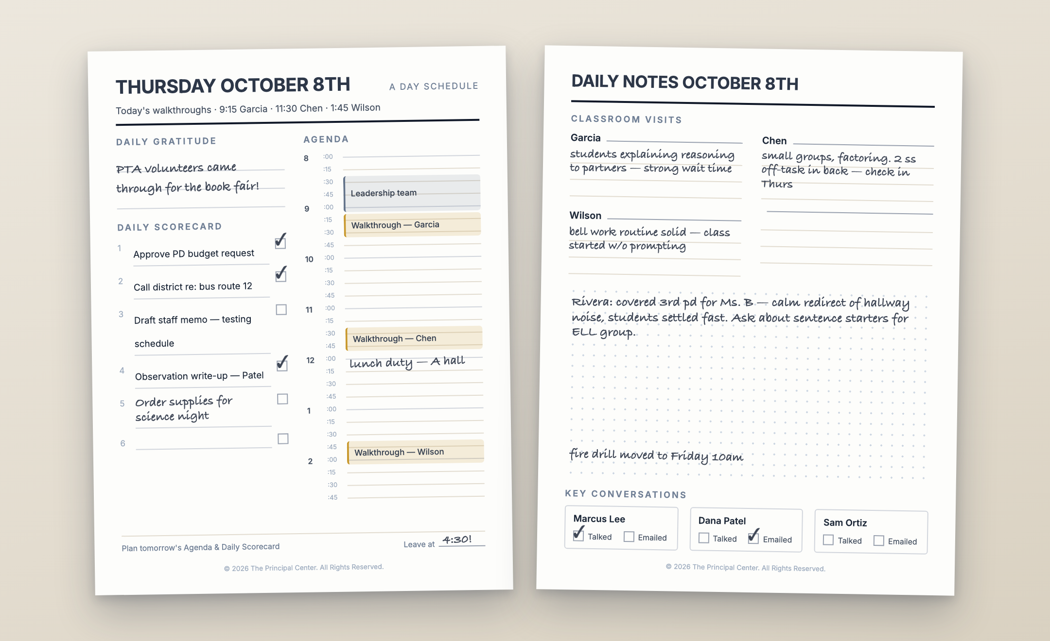 The Principal Center Daily Planner — two-page daily spread with scorecard, agenda, classroom visits, and key conversations