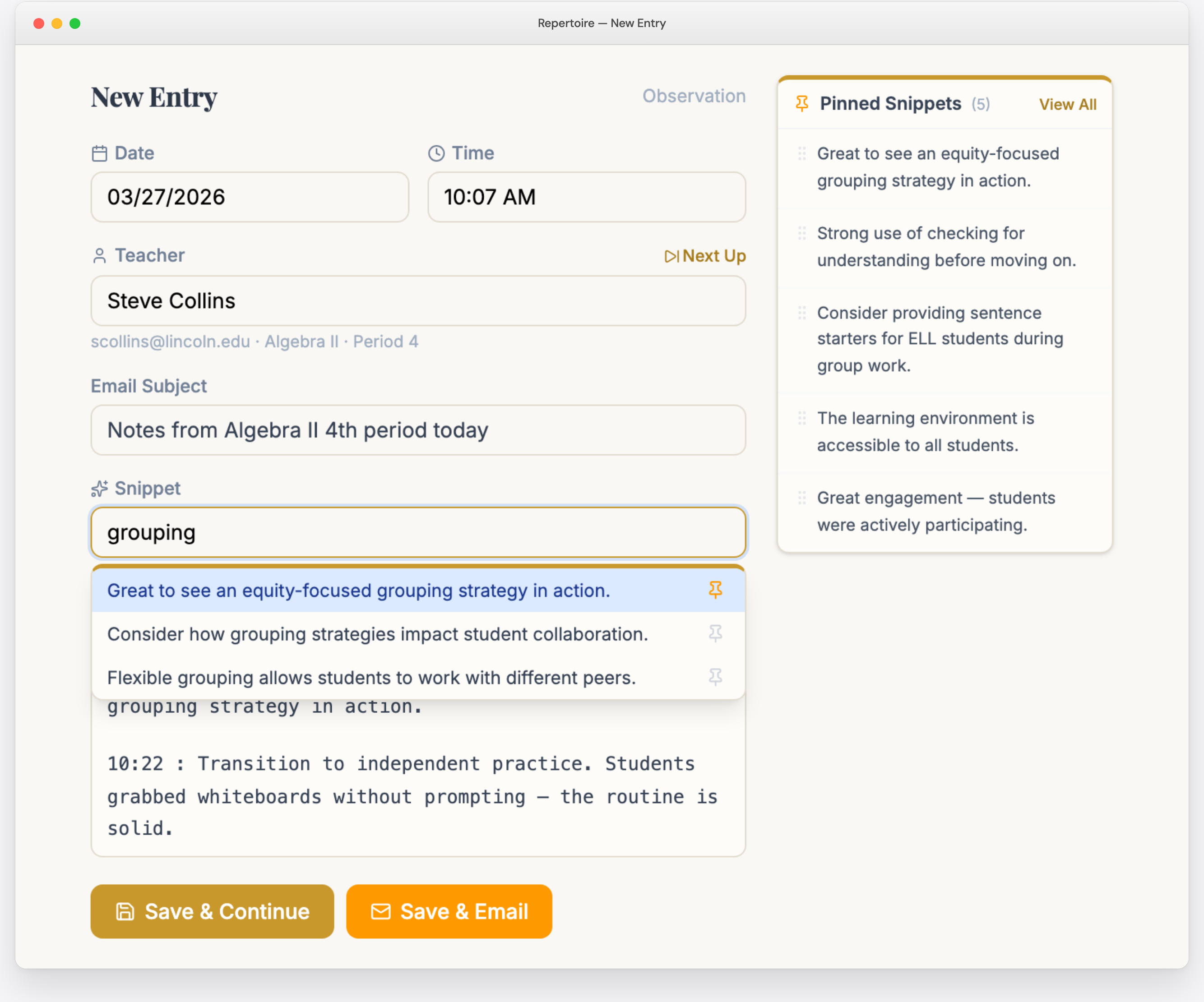 Repertoire — write and send classroom-visit feedback in 60 seconds
