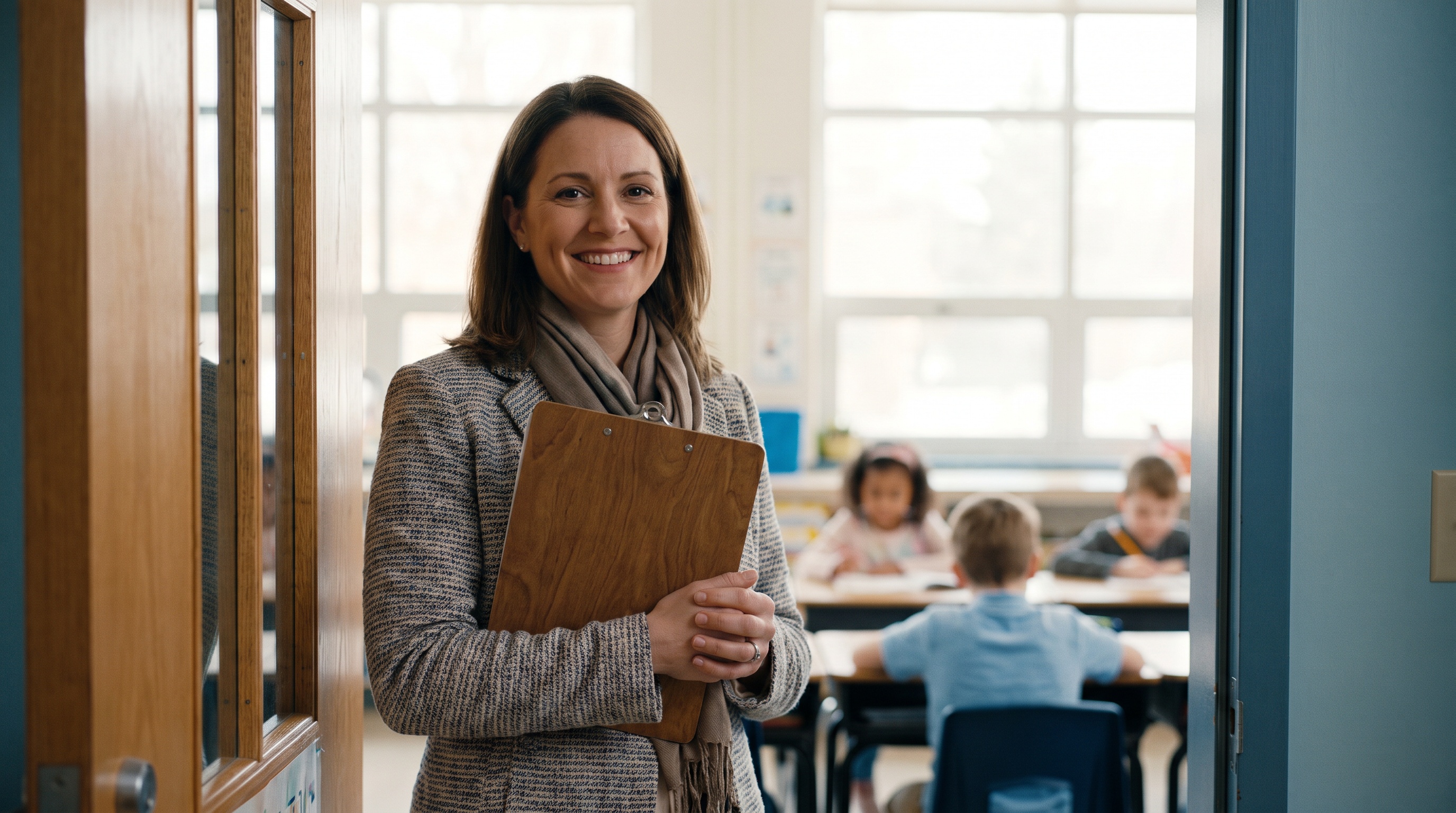 A school leader stepping into a classroom, clipboard in hand