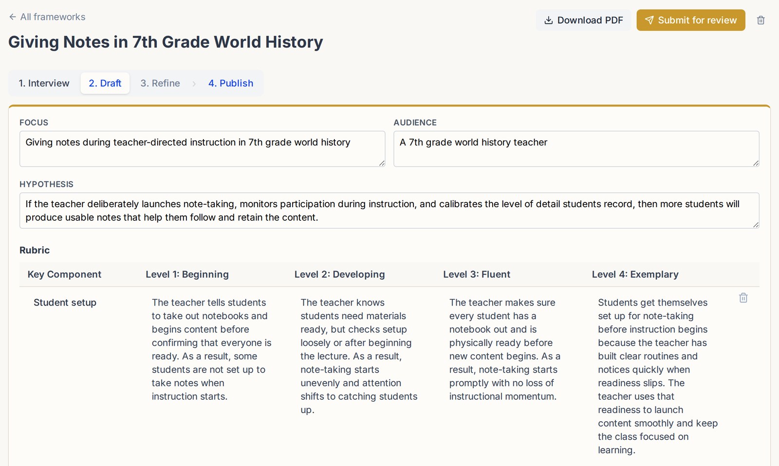 The Framework Builder showing a draft framework for giving notes in 7th grade world history, with key components down the side and four levels of fluency across the top