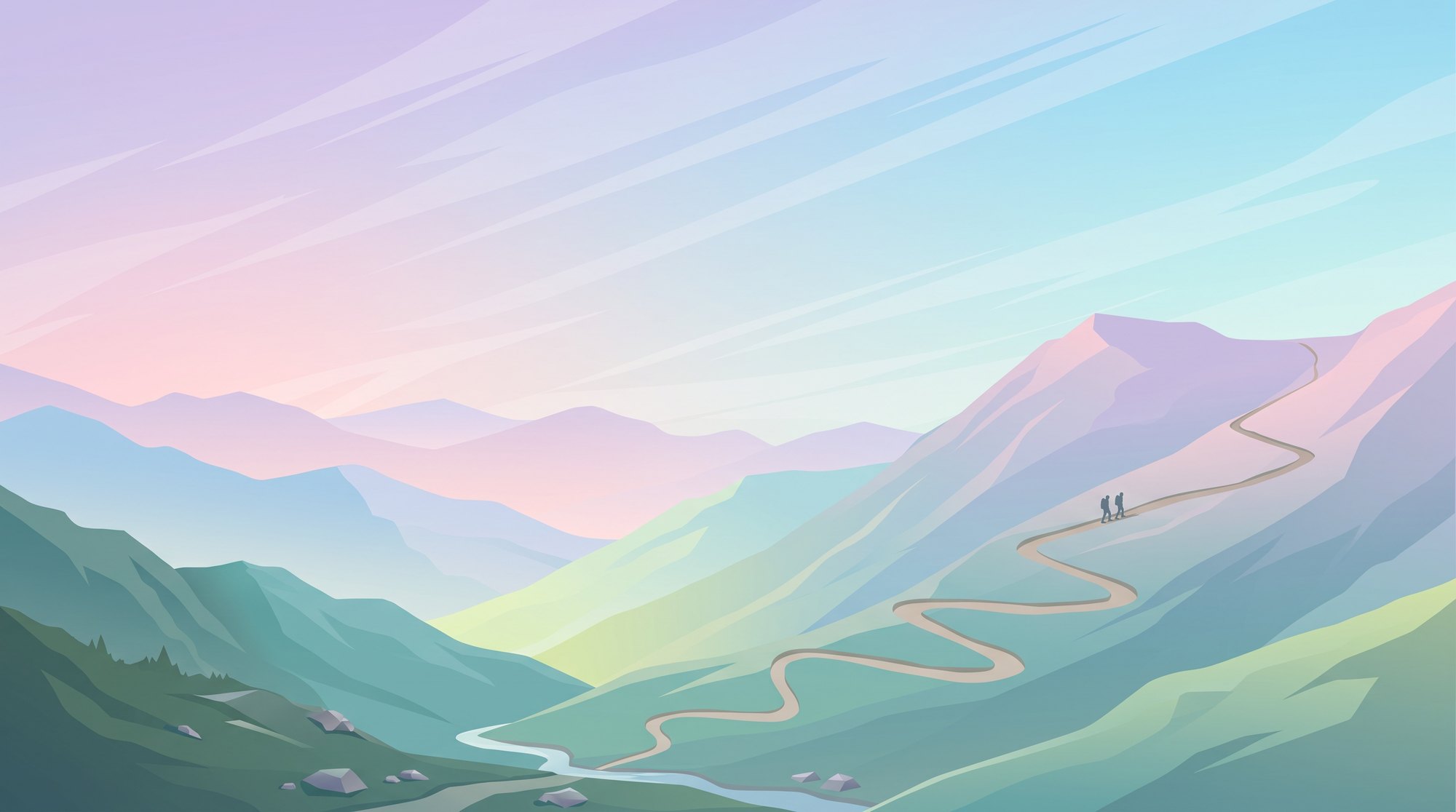 A winding mountain trail with two hikers walking side by side