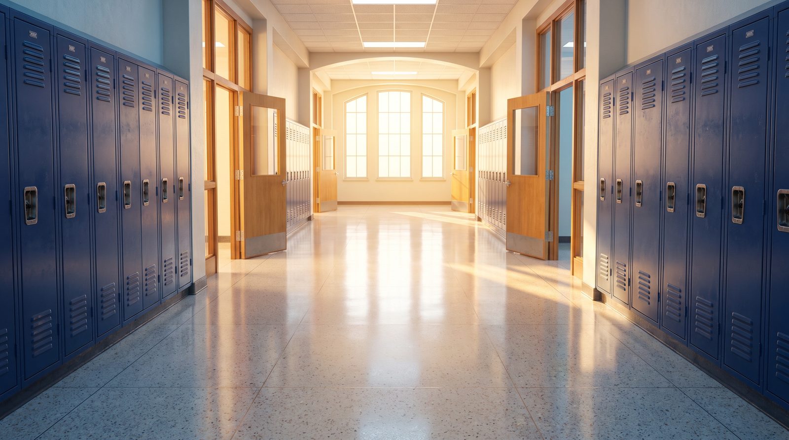A calm, orderly school hallway in morning light