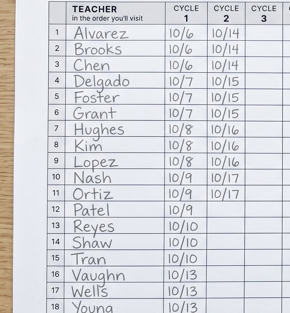 A Walkthrough Roster filled in with pencil: teacher names in visiting order, and the date of each visit in the Cycle 1 and Cycle 2 columns